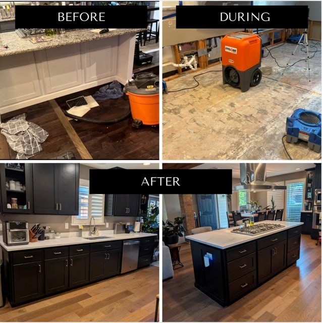 Kitchen water damage restoration before during and after collage showing initial hardwood flooding, Flood Titan dehumidifier and air movers during structural drying, and the fully restored kitchen